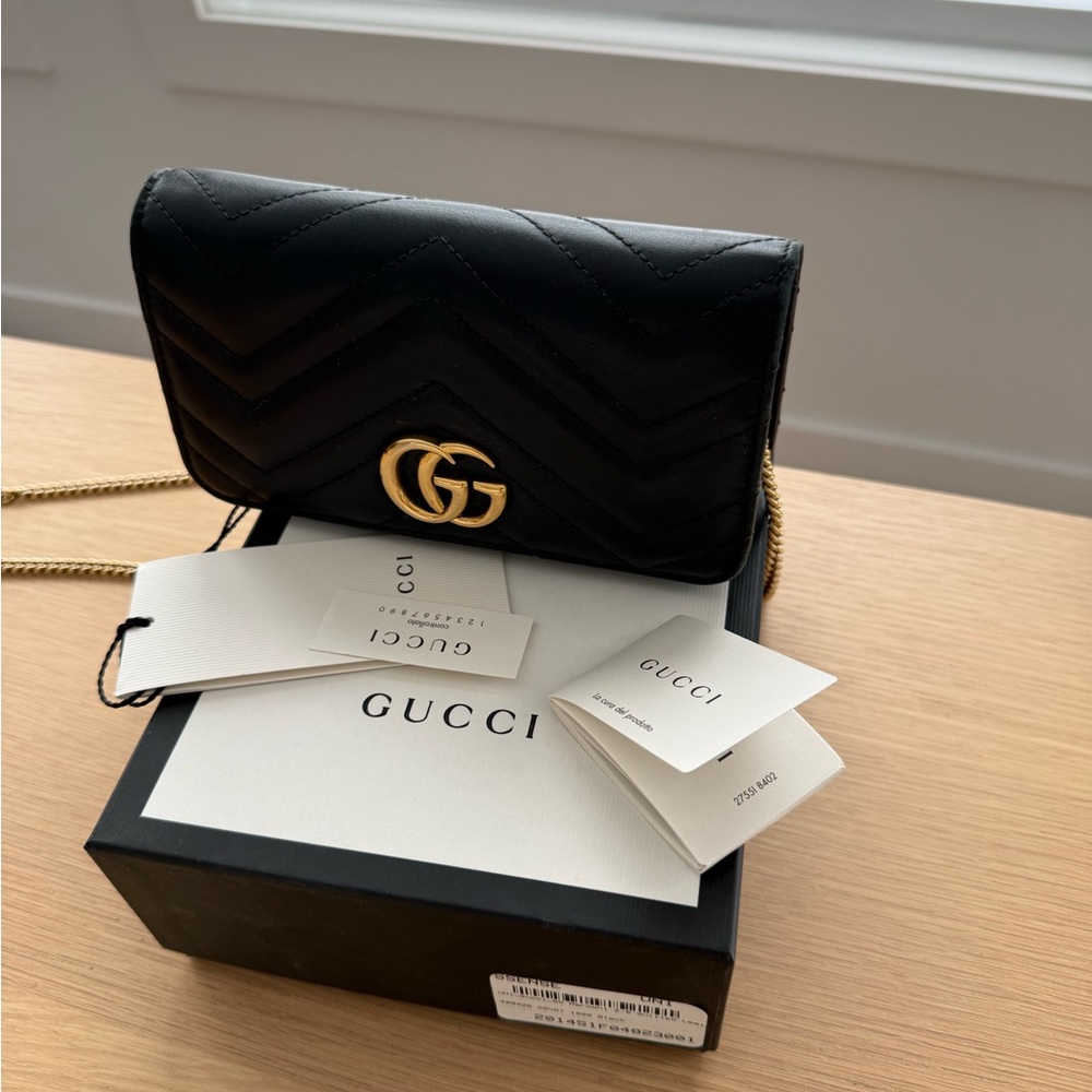 Gucci Black Quilted GG Marmont Chain Wallet